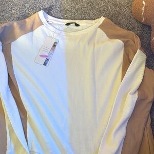 NWT size large White and Tan Long Sleeve Top